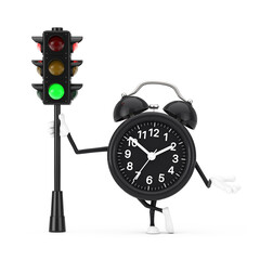 Poster - Alarm Clock Character Mascot with Traffic Green Light. 3d Rendering