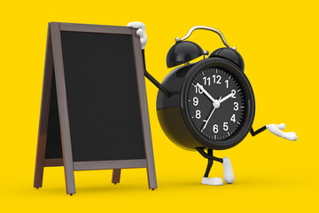Fototapete - Alarm Clock Character Mascot with Blank Wooden Menu Blackboards Outdoor Display. 3d Rendering
