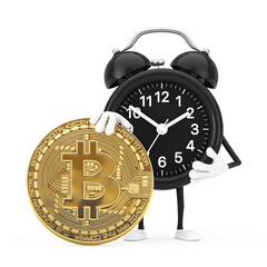 Aufkleber - Alarm Clock Character Mascot with Digital and Cryptocurrency Golden Bitcoin Coin. 3d Rendering