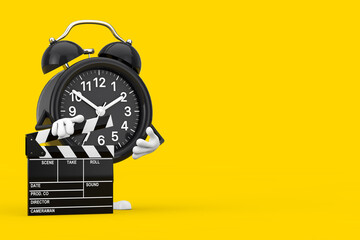 Poster - Alarm Clock Character Mascot with Novie Clapper Board. 3d Rendering