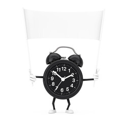 Poster - Alarm Clock Character Mascot and Empty White Blank Banner with Free Space for Your Design. 3d Rendering