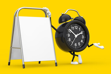 Fototapete - Alarm Clock Character Mascot with White Blank Advertising Promotion Stand. 3d Rendering