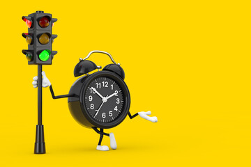 Poster - Alarm Clock Character Mascot with Traffic Green Light. 3d Rendering
