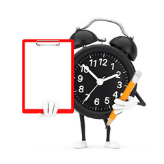 Poster - Alarm Clock Character Mascot with Red Plastic Clipboard, Paper and Pencil. 3d Rendering