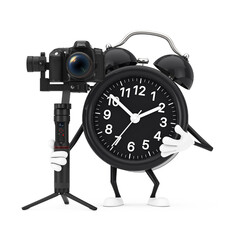 Leinwandbilder - Alarm Clock Character Mascot with DSLR or Video Camera Gimbal Stabilization Tripod System. 3d Rendering