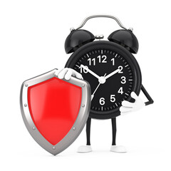 Poster - Alarm Clock Character Mascot with Red Metal Protection Shield. 3d Rendering