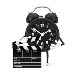 Poster - Alarm Clock Character Mascot with Novie Clapper Board. 3d Rendering