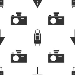 Sticker - Set Exclamation mark in triangle, Suitcase and Photo camera on seamless pattern. Vector.