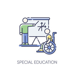 Special education RGB color icon. Inclusive education. Conditions for disabled people. Student in wheelchair and personal teacher isolated vector illustration