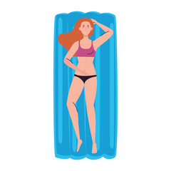 Poster - woman in lying down on inflatable float with swimsuit, summer vacation season