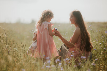 Happy family: a young beautiful pregnant woman with her little cute daughter walking in the wheat field on a sunny summer day. Parents and kids relationship. Nature in the country.