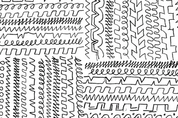 Leinwandbilder - Hand-drawn pencil squiggles, zigzags, spirals. Background of a child's drawing, lines with zigzags and swirls. Vector illustration. Overlay template.