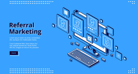 Referral marketing isometric landing page. Refer a friend loyalty program, promotion method, business strategy. People or customers connected in network on laptop screen. 3d vector line art web banner