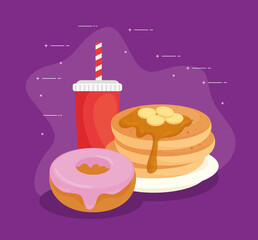 Sticker - delicious fresh sweet donut and pancakes with bottle beverage, pastry bakery concept