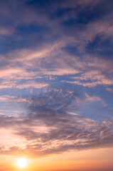 Wall Mural - A bright sunset against the background of a blue sky and cirrus and cumulus clouds.