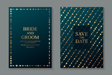 Modern turquoise luxury wedding invitation design or card templates for business or presentation or greeting with golden lines and beads or glitter.