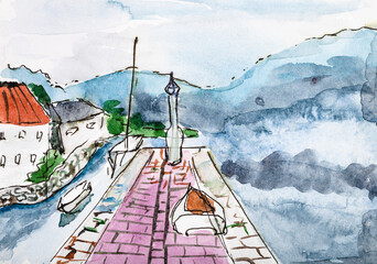 Wall Mural - view of pier in Kotor town in Montenegro in summer morning hand painted by watercolour paints on white textured paper