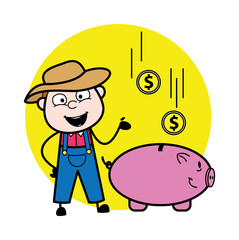 Wall Mural - Cartoon Farmer saving money in piggy bank