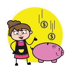 Wall Mural - Cartoon Beautician saving money in piggy bank