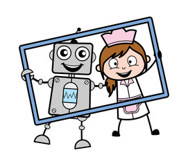 Wall Mural - Cartoon Robot in frame with waitress