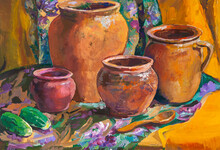 Still-life With Ceramic Pots And Cucumbers Hand Painted With Tempera Paints On Paper