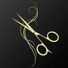 Wall Mural - Gold scissors and curls of hair design for beauty salon and stylist