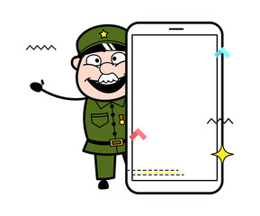 Poster - Cartoon Military Man with empty cell phone screen
