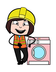 Wall Mural - Cartoon Lady Engineer standing with washing machine