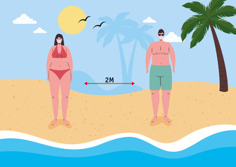 Sticker - social distancing on the beach, couple wearing medical mask in the beach, new normal summer beach concept after coronavirus or covid 19