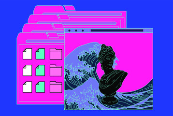 Fototapete - Cyberpunk style collage with user interface elements, gypsum bust and picture of ocean waves. Conceptual vector illustration of virtual reality and the internet surfing.
