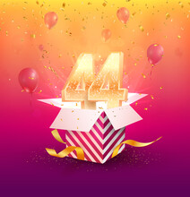 44 Th Years Anniversary Vector Design Element. Isolated Forty Four Years Jubilee With Gift Box, Balloons And Confetti On A Bright Background. 