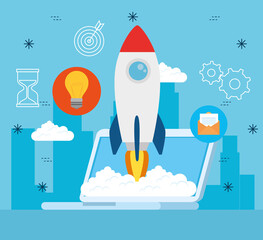 Sticker - business start up concept, banner, business object startup process, laptop with rocket and business icons