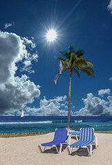 Canvas Print - Two Chaise Lounges and Palm Tree on a peaceful, empty beach