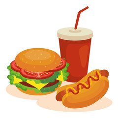 Wall Mural - fast food, big burger with hot dog and bottle beverage