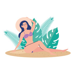 Wall Mural - woman with swimsuit sitting on the beach with tropical leaves decoration, summer vacation season