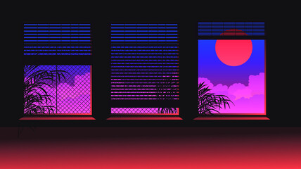 Poster - Dark ambient room. The window overlooks the landscape with sunset above the clouds. Scene in cartoon or anime style.