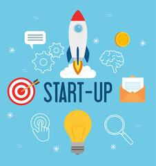 Sticker - business start up concept, banner, business object startup process, rocket and business icons