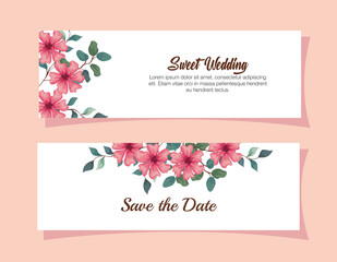 Poster - set of greeting cards with flowers, wedding invitation with flowers, with branches and leaves decoration