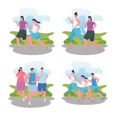 Sticker - people running, group people in sportswear jogging, women and men practicing exercise