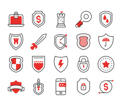padlock and security shield icon set, half line half color style