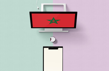 Wall Mural - Morocco national flag on computer screen top view, cupcake and empty note paper for planning. Minimal concept with turquoise and purple background.