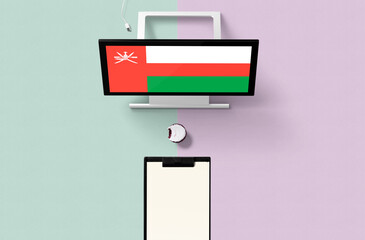Wall Mural - Oman national flag on computer screen top view, cupcake and empty note paper for planning. Minimal concept with turquoise and purple background.