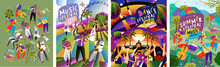Musical Summer Dance Festival. Vector Illustration Of Musicians, Dancers, Disco, Dancing People And Dj In The Street For Poster, Flyer Or Background.
