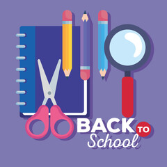 Sticker - back to school banner with magnifying glass and supplies education