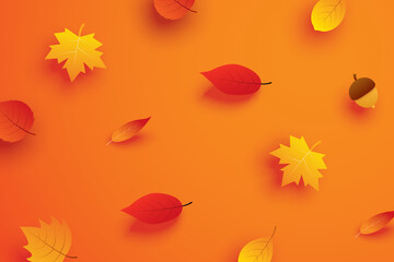 Wall Mural - autumn leaves in paper art style on orange background.