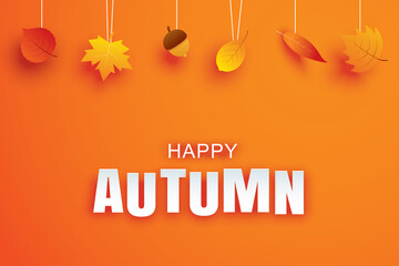 Wall Mural - happy autumn paper art style with leaves hanging on orange background. use for greeting card or invi
