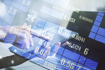 Poster - Double exposure of abstract creative statistics data hologram with finger clicks on a digital tablet on background, analytics and forecasting concept