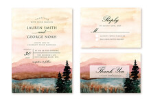 Wedding Invitation Set With Mountain And Lake Landscape Watercolor Background
