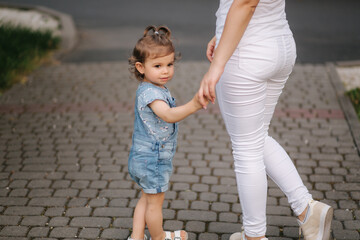 Wall Mural - Beautiful young mom walkin in park with her adorable little daughter. Back view Cute little girl hom mothers's hand