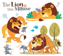 Vector Illustration Of Cartoon The Lion And The Mouse. Aesop Fairy Fable Tale